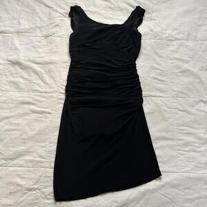 Y2K paper tag vintage Black mini dress with ruched detailing deep draped back
